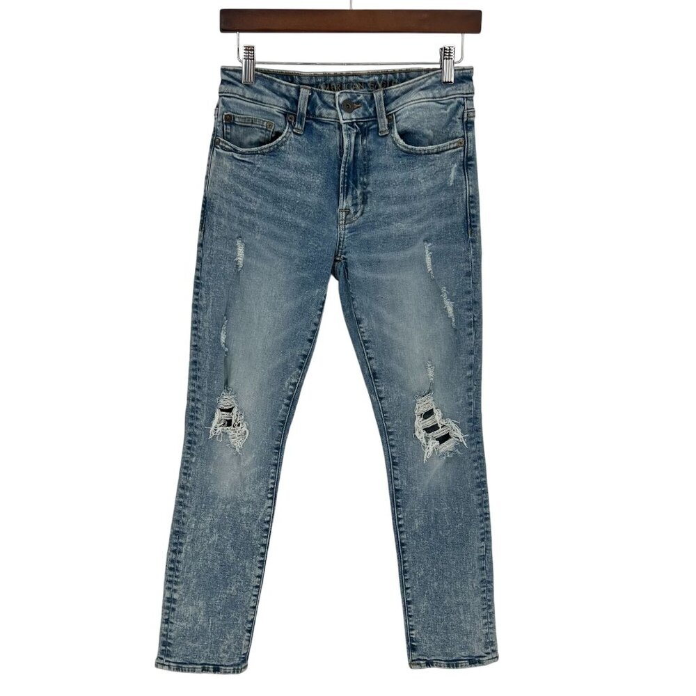 American Eagle Mens Distressed Flex Jeans Size 28 Light Wash Denim Straight Leg